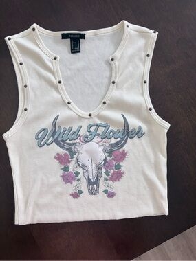 Forever 21 Cream Wild Flower Studded Ribbed Crop Tank